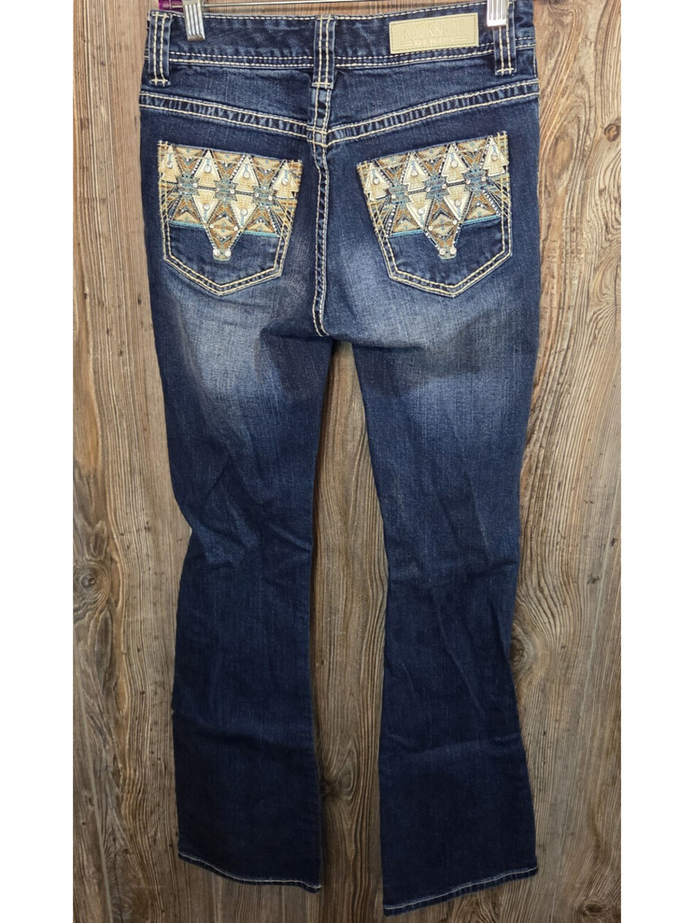 Rock & Roll Cowgirl Denim Blue Jeans Wmn Sz 26x34 Mid Rise Bootcut Aztec Native